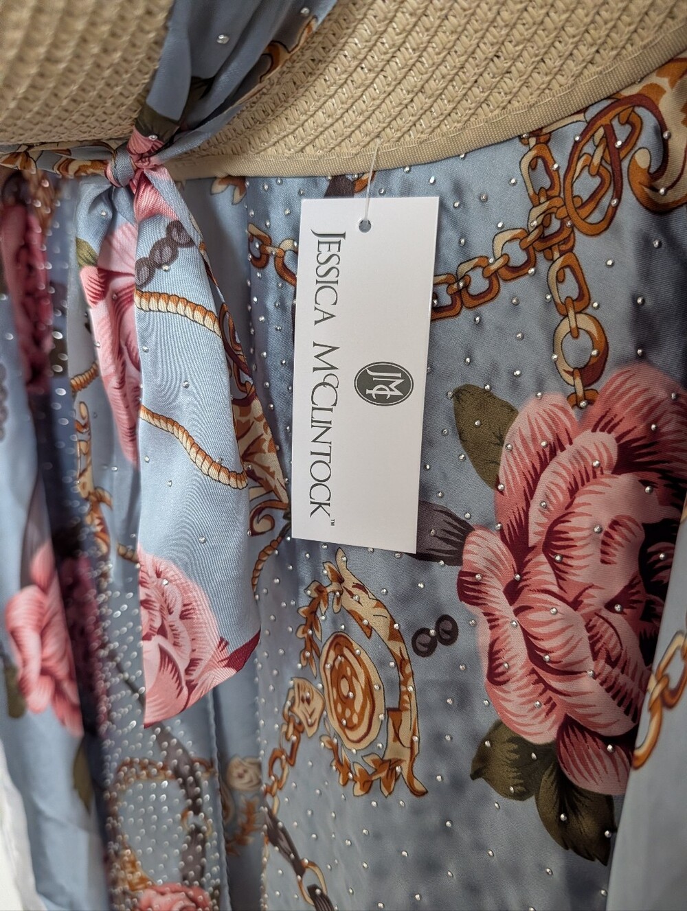 Jessica McClintock Light Blue Floral & Chain Print Kimono and Hat.